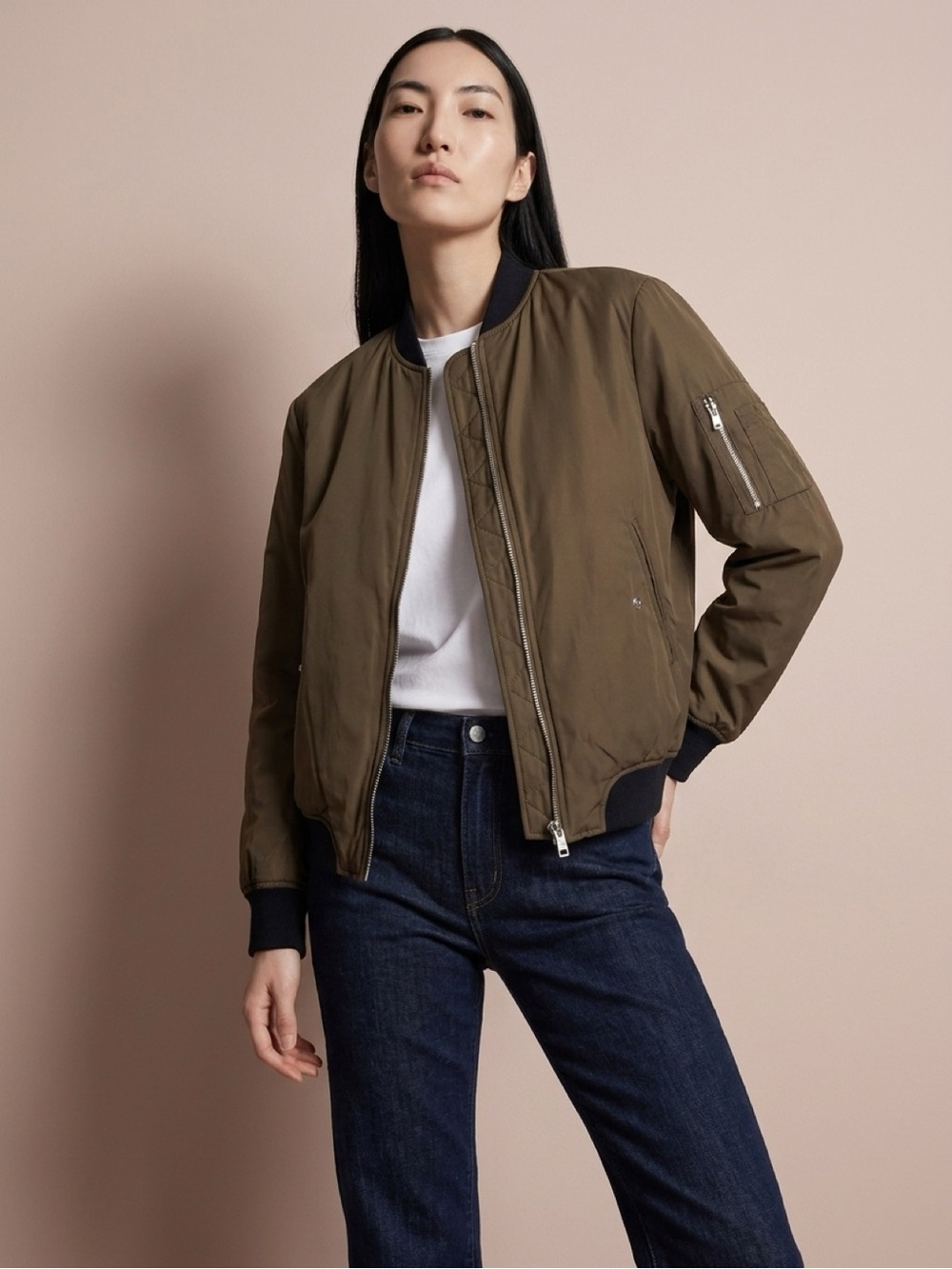 Zara Olive Brown Bomber Jacket with Black Trim